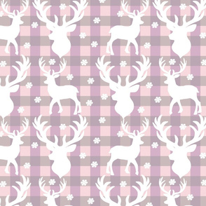 Winter Deer- White Deer, Snowflakes on Lilac-Gray-Pink Plaid 