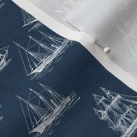 Ghost Ships - White Sailing Ships on Navy Blue