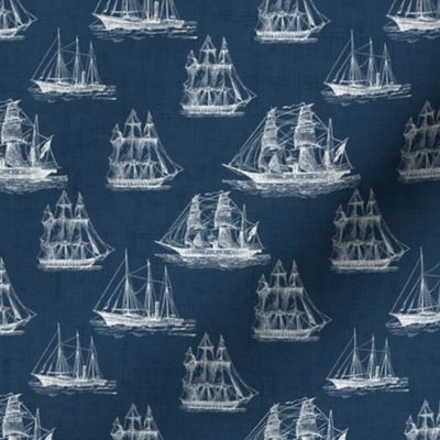 Ghost Ships - White Sailing Ships on Navy Blue