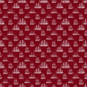 Ghost Ships - White Sailing Ships on Burgundy Red