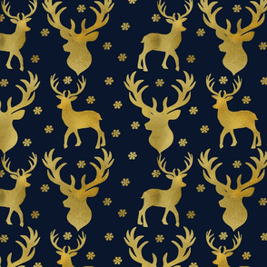 Winter Deer-  Gold Deer, Snowflakes on Navy Blue 