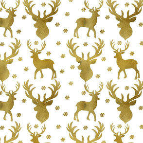 Winter Deer-  Gold Deer, Snowflakes on White