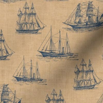 Vintage Sailing Ship Pattern in Navy Blue and Sepia - Larger