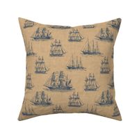 Vintage Sailing Ship Pattern in Navy Blue and Sepia - Larger