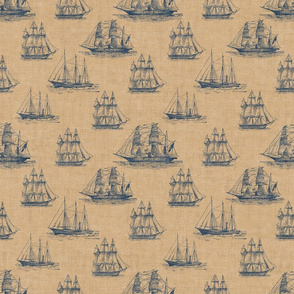 Vintage Sailing Ship Pattern in Navy Blue and Sepia - Larger