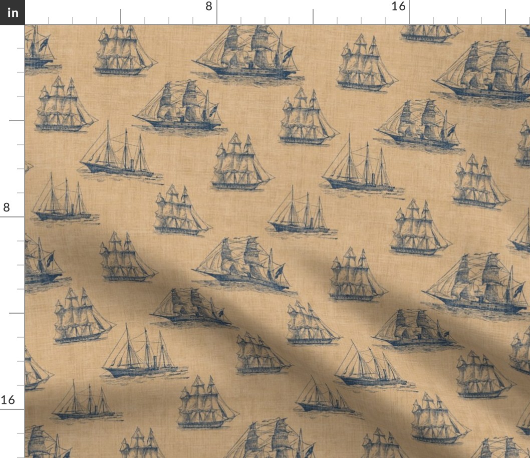 Vintage Sailing Ship Pattern in Navy Blue and Sepia - Larger