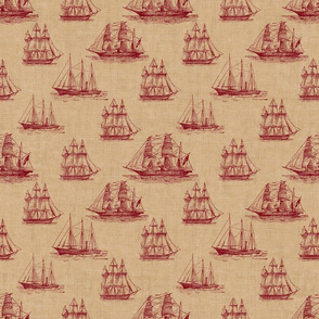 Vintage Sailing Ship Pattern in Burgundy and Sepia - Larger