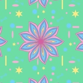 Stylized Pink and Blue Flowers on Green