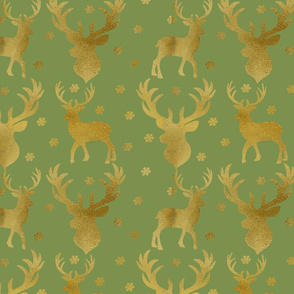 Winter Deer-  Gold  Deer, Snowflakes on Green