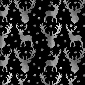 Winter Deer-  Silver Deer, Snowflakes on Black 