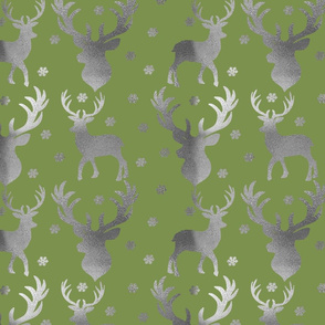 Winter Deer-  Silver Deer, Snowflakes on Green