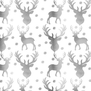 Winter Deer-  Silver Deer, Snowflakes on White