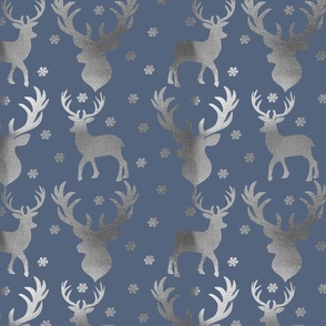 Winter Deer- Silver Deer, Snowflakes on Blue 