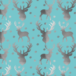 Winter Deer- Silver Deer, Snowflakes on Aqua