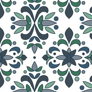 modern damask slate, navy blue green on white