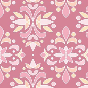 damask in pink, peach, pale yellow on rose pink
