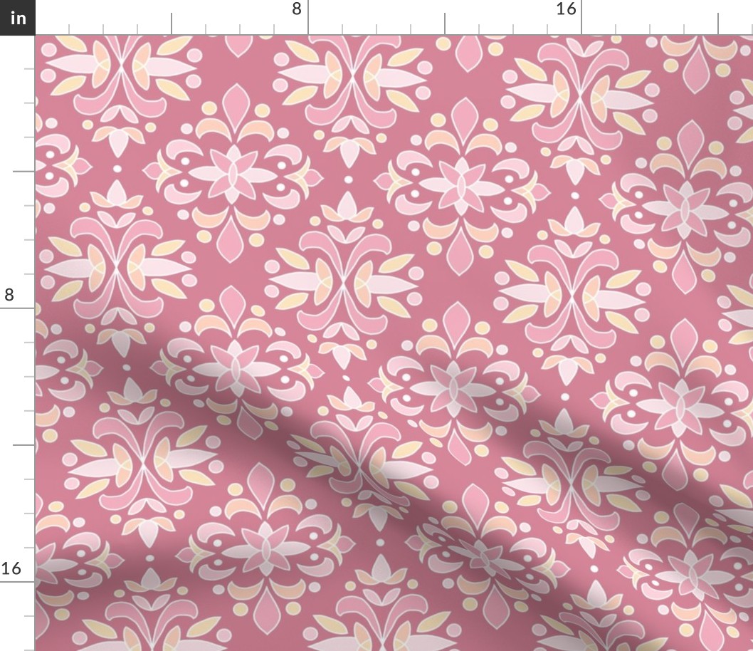 damask in pink, peach, pale yellow on rose pink