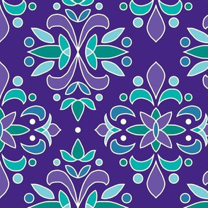 damask turquoise, teal on purple