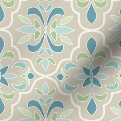 quatrefoil floral lattice, beige, blue, mint, aqua