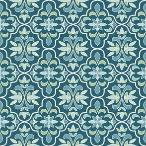 quatrefoil floral lattice,  blue, mint, aqua, green on teal