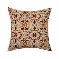 quatrefoil floral lattice, burgundy, burnt orange, yellow on tan