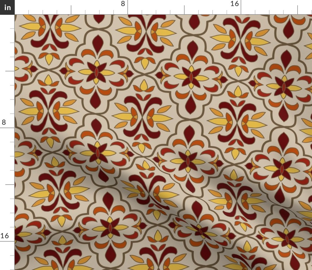 quatrefoil floral lattice, burgundy, burnt orange, yellow on tan