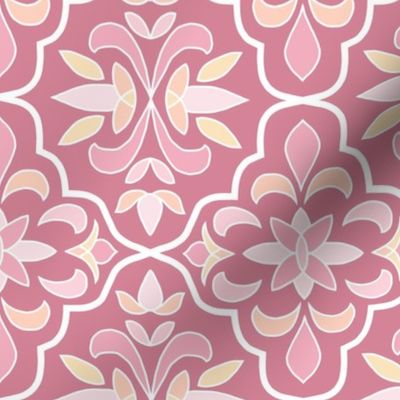 quatrefoil floral lattice, rose pink, peach, butter yellow