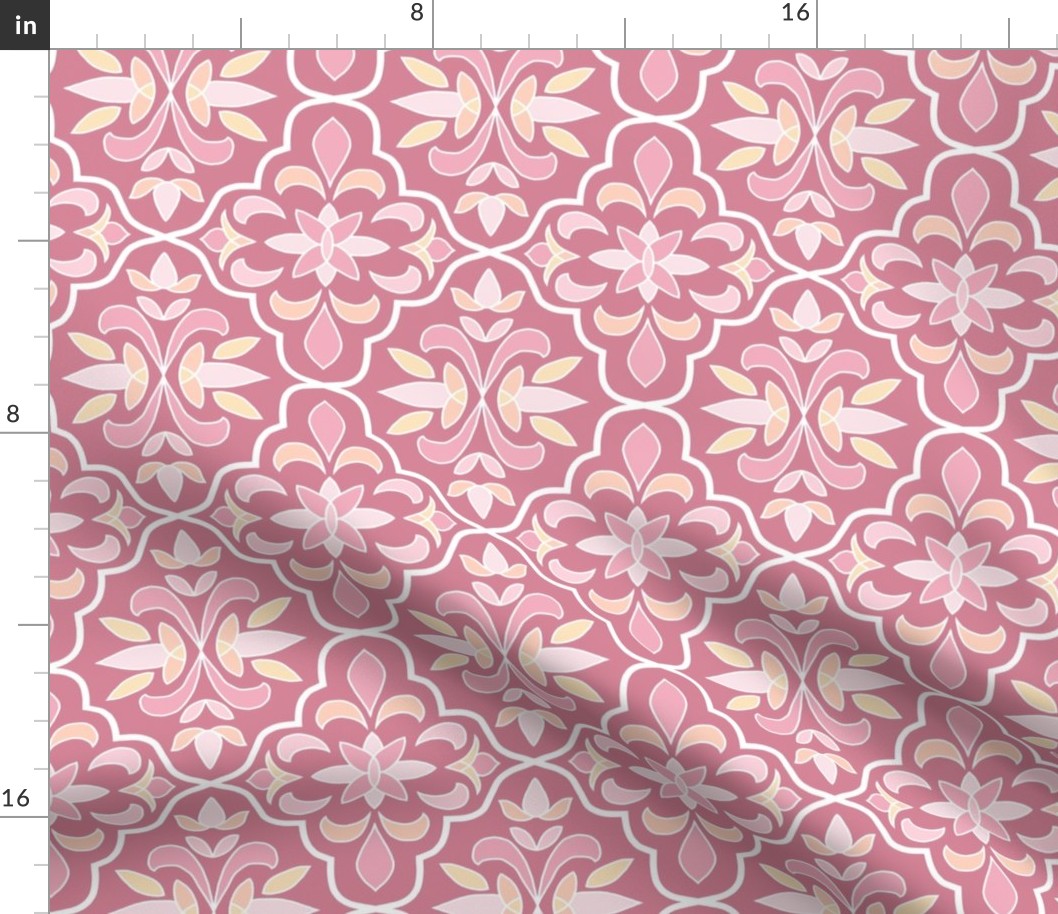 quatrefoil floral lattice, rose pink, peach, butter yellow