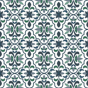 quatrefoil floral lattice, green, slate blue, navy, gray