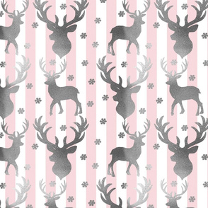 Winter Deer- Pink Stripes -Metallic Look Deer -Snowflakes 
