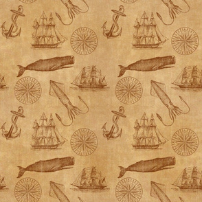 Vintage Nautical Pattern with Ships and Whales in Sepia - larger