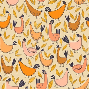 Funny cute boho chickens farm, happy birds, autumn warm colors