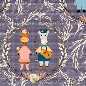 ROMANCE CUTE ANIMALS ON PLAID BLUE PURPLE FLWRHT