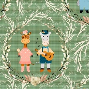 ROMANCE CUTE ANIMALS ON PLAID GREEN FLWRHT