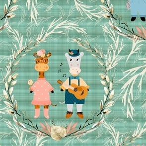 ROMANCE CUTE ANIMALS ON PLAID TURQUOISE AQUA FLWRHT