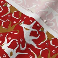 Tiny Trotting Ibizan hounds and paw prints - red