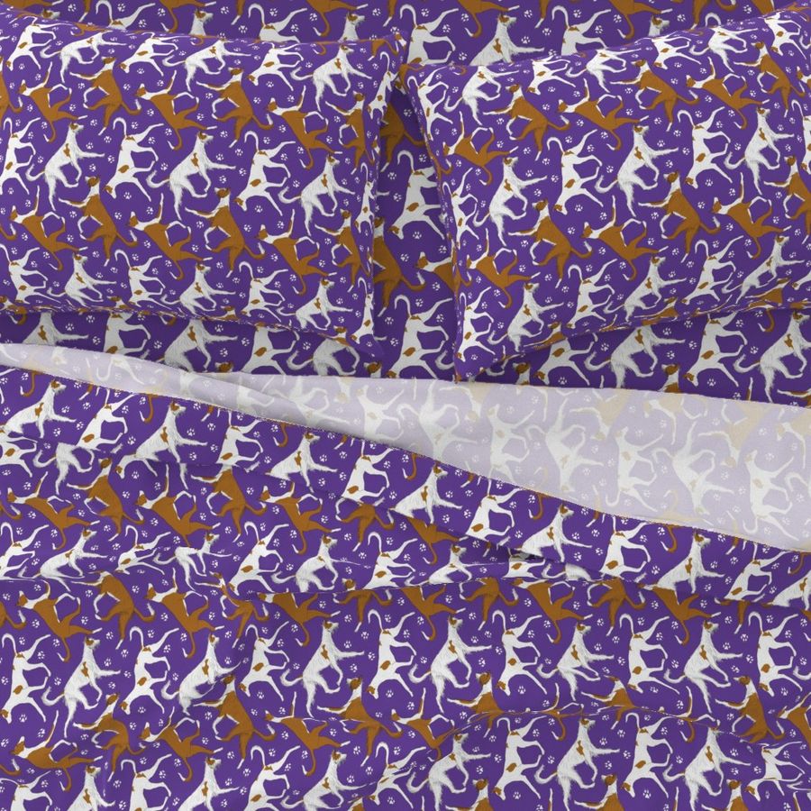 Trotting Ibizan hounds and paw prints - purple