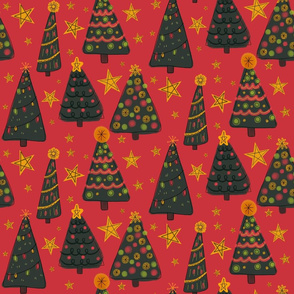 Doodle Christmas Trees on Red