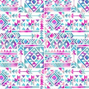 Tribal Summer /  Pink Turquoise on White Background / Mini Scale