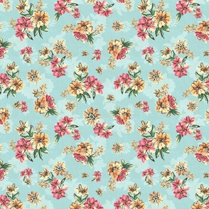 Painterly retro floral on teal blue