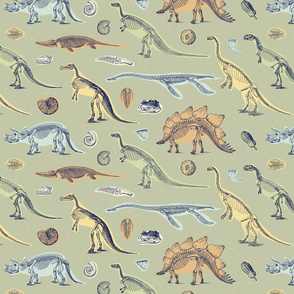 Dinosaurs and Fossils in Light Green