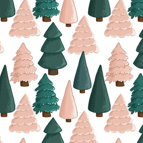 Pink and Green Christmas Trees On White Large