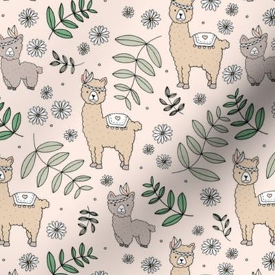 Llama flower power boho garden botanical spring indian summer daisies and leaves neutral nursery pastel sand beige green