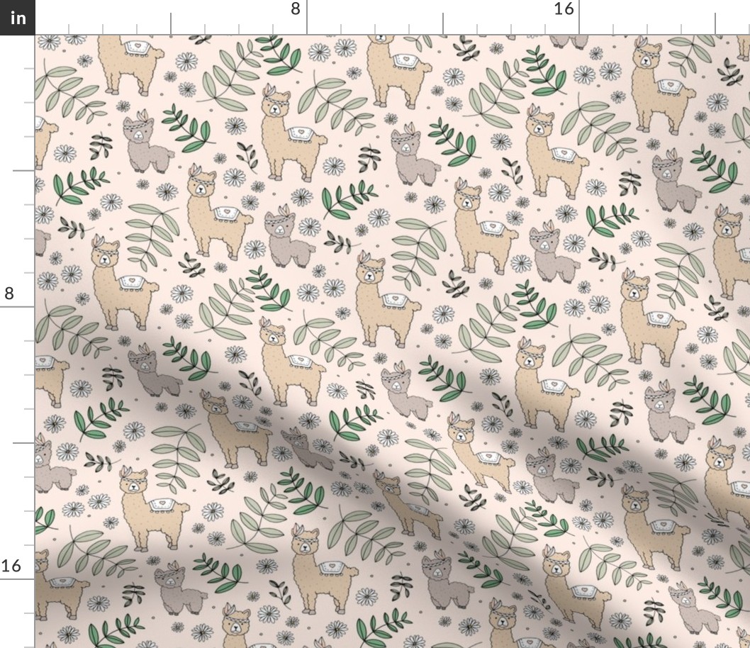 Llama flower power boho garden botanical spring indian summer daisies and leaves neutral nursery pastel sand beige green