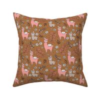 Llama flower power boho garden botanical spring indian summer daisies and leaves neutral nursery copper brown pink beige girls