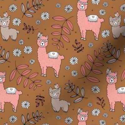 Llama flower power boho garden botanical spring indian summer daisies and leaves neutral nursery copper brown pink beige girls