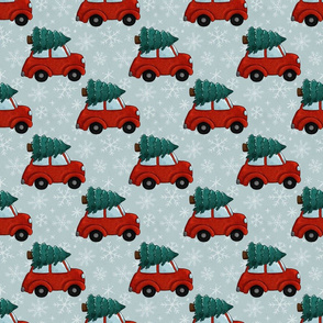 Classic Christmas Red Car and Snowflakes