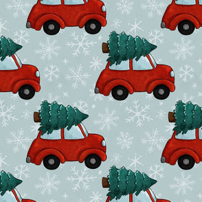 Classic Christmas Red Car and Snowflakes Large Print