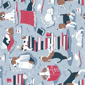 Normal scale rotated // Life is better with books a hot drink and a friend // blue background brown white and blue beagles and cats and red cozy details