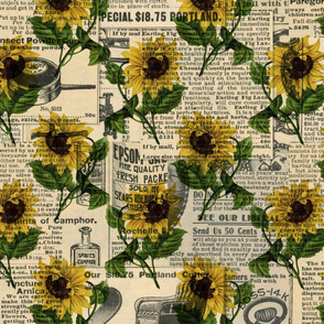 Vintage Sunflower Green Leaves Newspaper Country Rustic